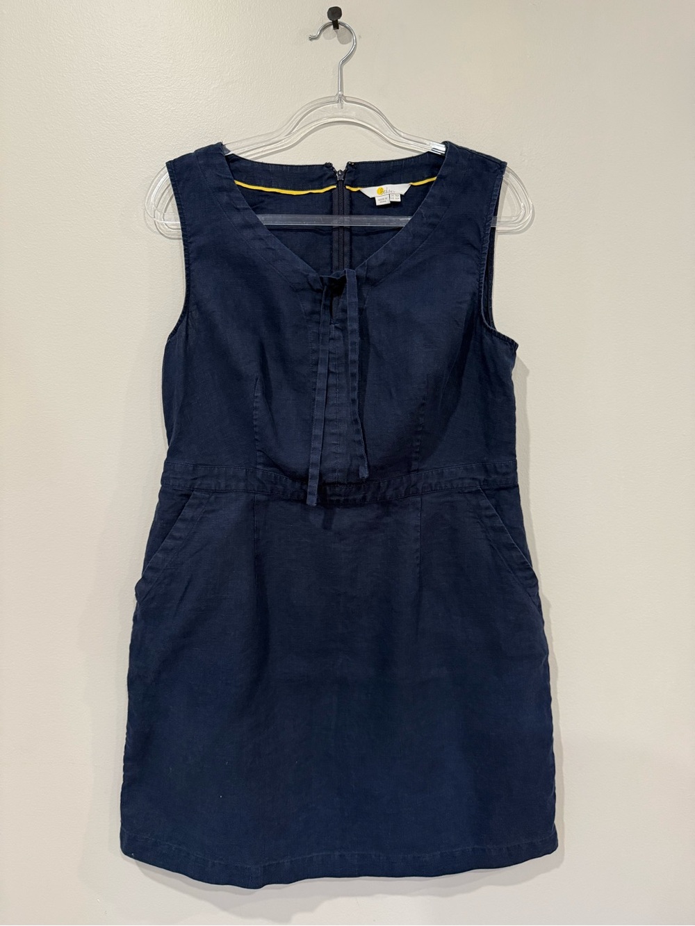 Boden Rae Navy Blue 100% Linen Sleeveless Tie-Front Pocket Dress